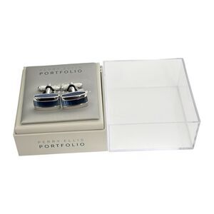 Perry Ellis Portfolio Cufflinks Silver Blue Oval Men's Dress Formal Gift Box New